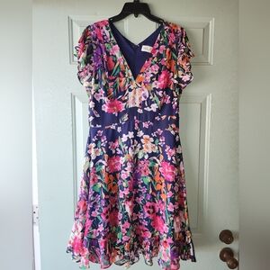 ELIZA J Dress, Sz 10 Fully Lined. Vibrant, Floral, Short Sleeve Sz 10